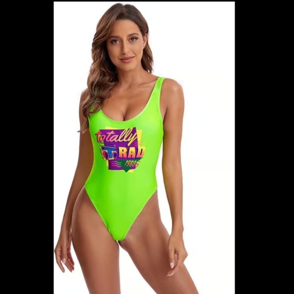 Size Women's Large/L neon green retro one piece swimsuit, 80s/90s bathing suit